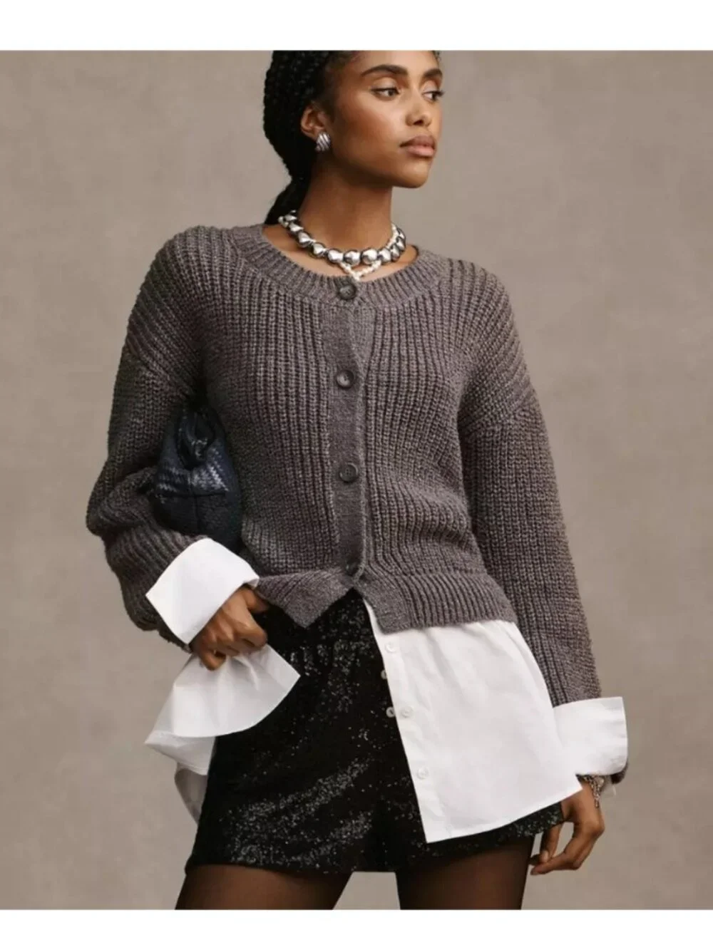 By Anthropologie Cropped Twofer Cardigan M Gray Shirt Hem Academia Preppy Oxford